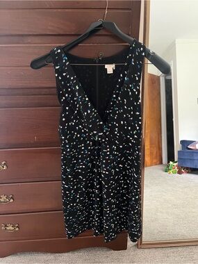 J. Crew Black Sleeveless V-Neck Dress with Blue and White Confetti Print